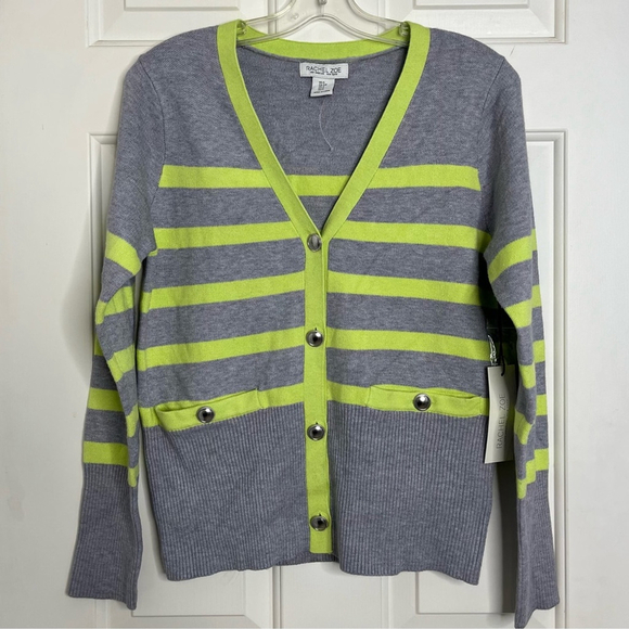 NWT Rachel Zoe Stripe Silver Button Cardigan S Grey Green - Picture 2 of 10